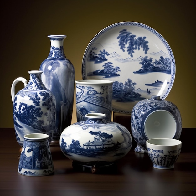 A collection of blue and white china with a vase and a plate on a table.