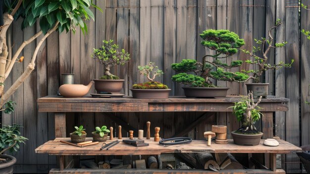 A collection of bonsai tools arranged neatly on a wooden workbench ready for pruning and shaping