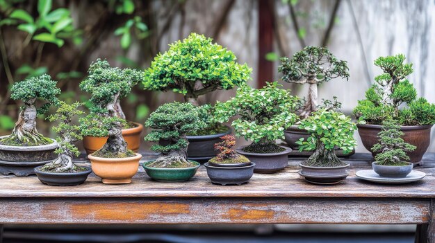 Photo collection of bonsai trees on a wooden table a group of bonsai trees in various sizes and sty