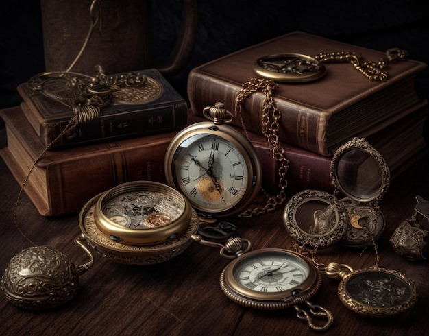 A collection of books and a pocket watch on a table