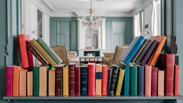 a collection of books on a shelf with a chandelier hanging above it