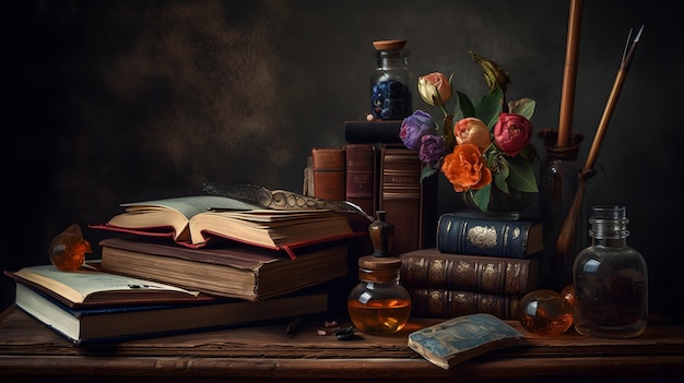 A collection of books and a vase of flowers on a table