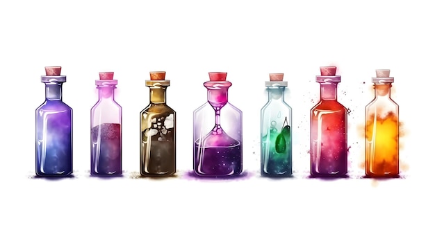 A collection of bottles of different colored liquids with the words magic