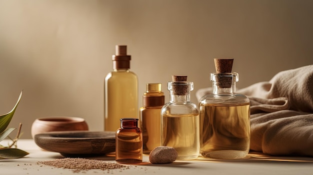 A collection of bottles of essential oils on a table