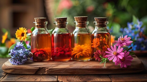 a collection of bottles of florist flowers and a bouquet of flowers