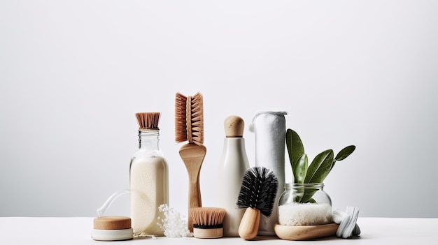 A collection of bottles of natural products including a bottle of natural soap.