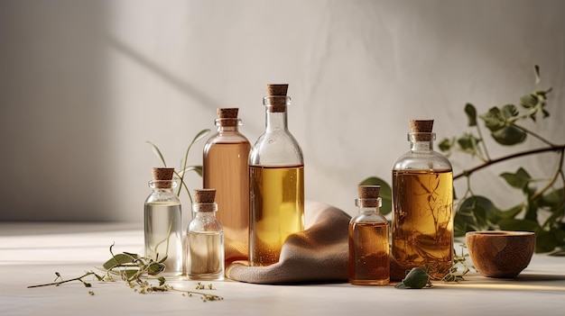 A collection of bottles of olive oil with a wooden top.