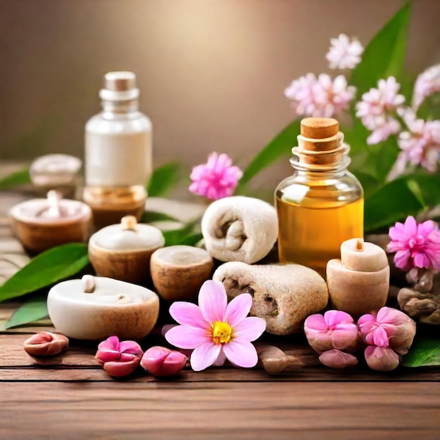 Photo a collection of bottles of perfume and flowers on a table