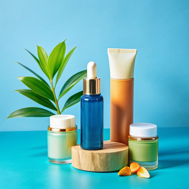 a collection of bottles of perfume and a plant on a blue background