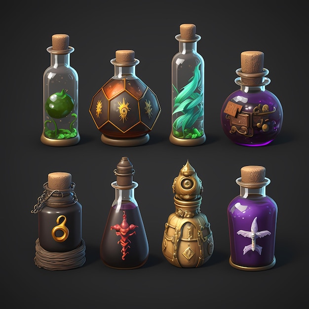 A collection of bottles with different colored bottles