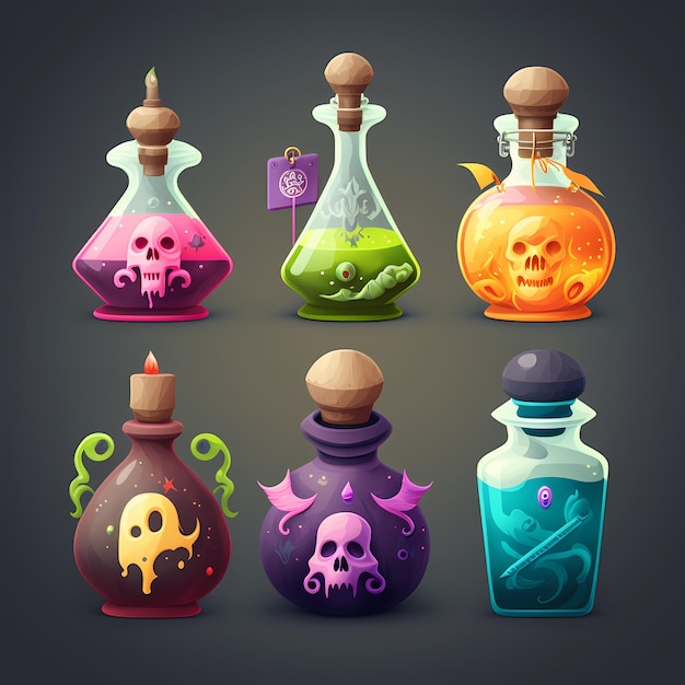 A collection of bottles with different colored liquid