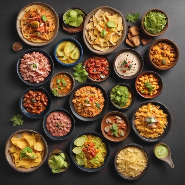 a collection of bowls of food including tortillas salsa and other foods