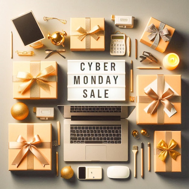 a collection of boxes with a laptop and a box of cyber monday sale