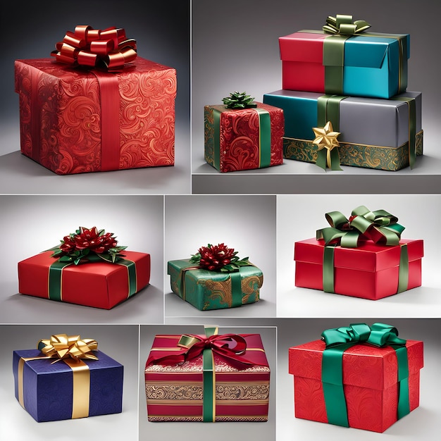 a collection of boxes with a red and green ribbon