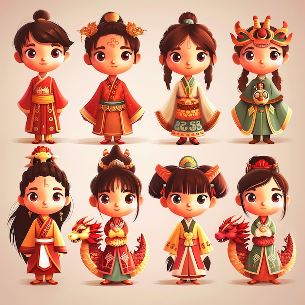 Collection of Boy and girl chinese new year cartoon character Cute boy and girl cartoon design