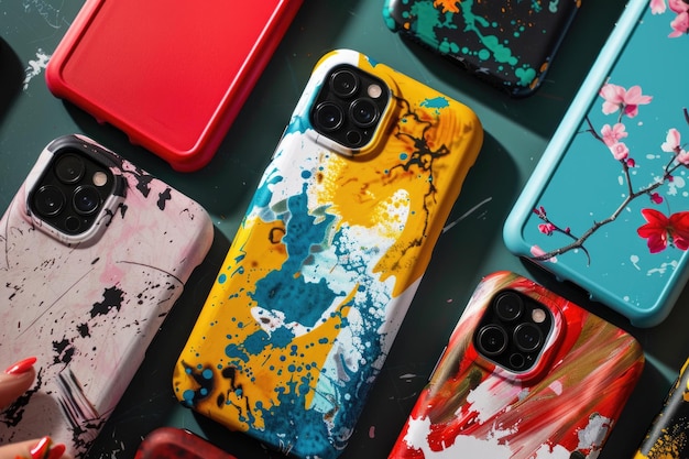 Photo a collection of brightly colored phone cases arranged neatly on a tabletop