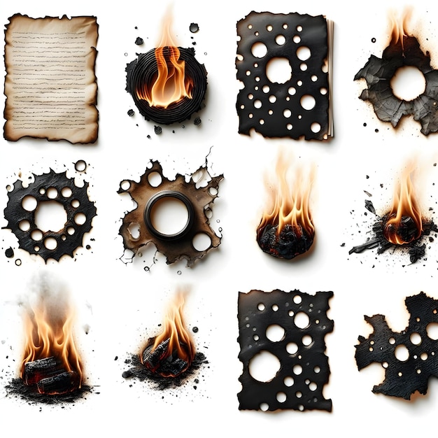 Photo collection of burnt holes in piece of paper isolated on white background