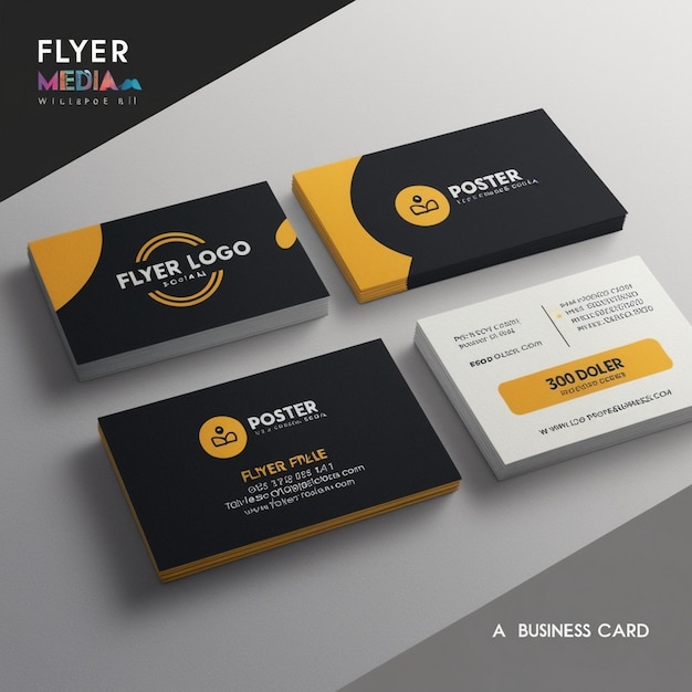 a collection of business cards including a black and yellow logo