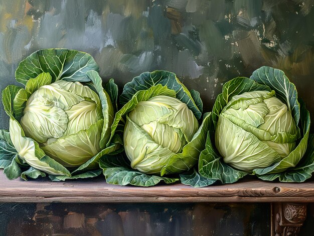 Photo a collection of cabbages on a shelf with a painting of cabbage