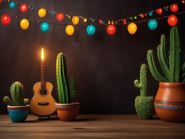 a collection of cactus and cactus with a guitar and cactus