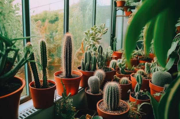 Collection of cactus plants resting on a windowsill Generative AI