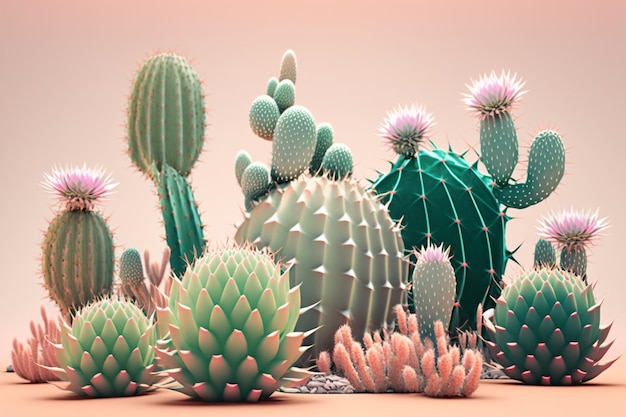 A collection of cactuses and cacti on a pink background.