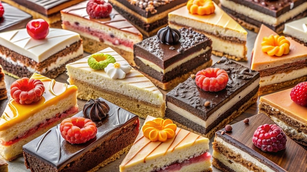 a collection of cakes with fruit on top of them