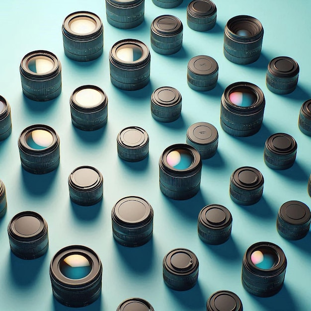 a collection of camera lenss with a blue background