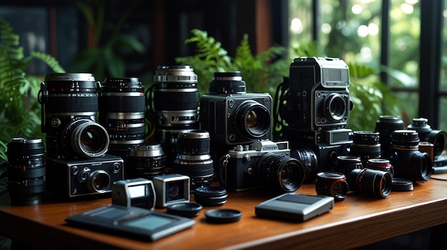 a collection of cameras including one that has a green plant in the background