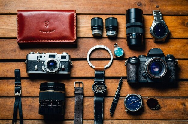 Photo a collection of cameras one of which has a red case the other with a black camera and a red leather case