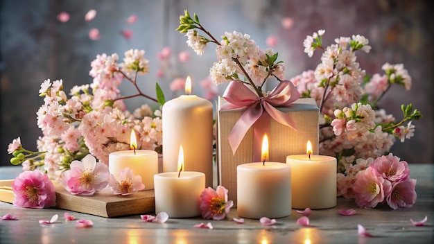 a collection of candles and flowers with a ribbon around them