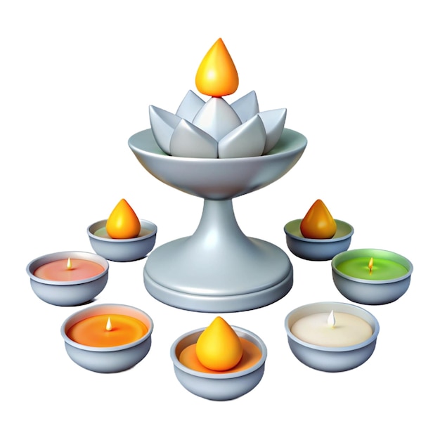 a collection of candles and a fountain with a white background