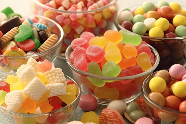 A collection of candy in small bowls with one that says candy.