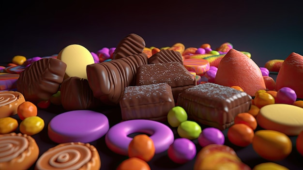 A collection of candy and sweets are displayed in a dark background.