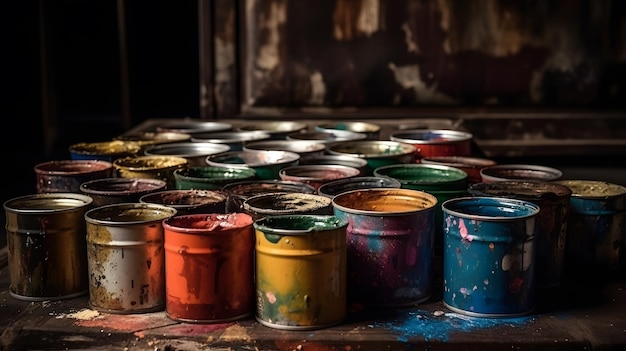 A collection of cans of paint are lined up on a table.