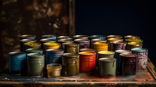 A collection of cans of paint are lined up on a table.