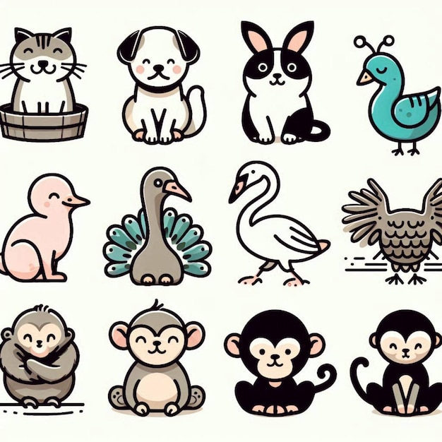 Photo a collection of cartoon animals including a cartoon cat and a bird