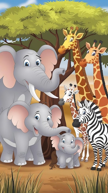 A collection of cartoon animals including elephants elephants and a baby