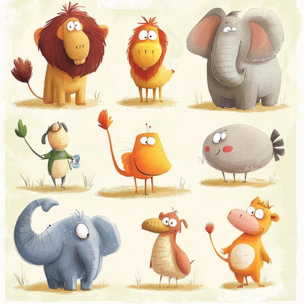 Photo a collection of cartoon animals including a lion a dog a cat an elephant and a hippo