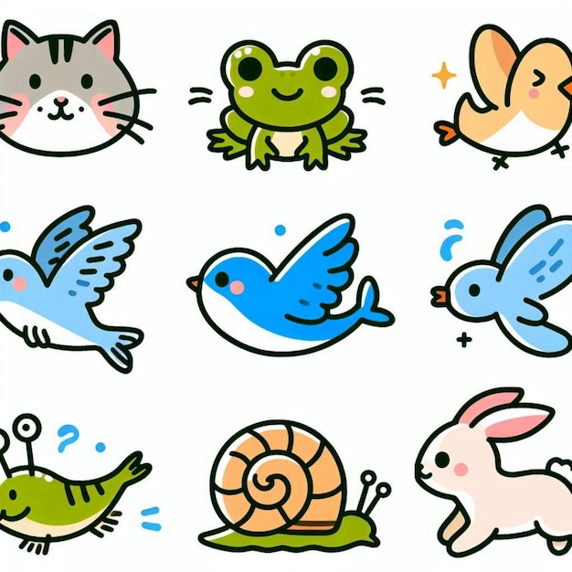 Photo a collection of cartoon animals including a snail snail and a snail