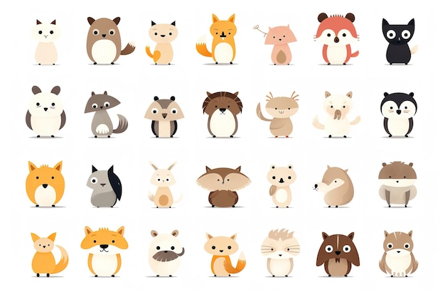 Collection of cartoon animals isolated on white background with minimalist Generative AI