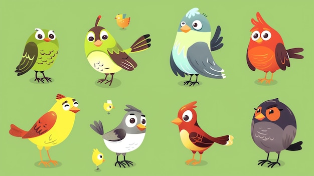 A collection of cartoon birds of different colors shapes and sizes