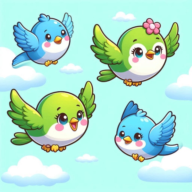 a collection of cartoon birds with a blue background with clouds and a blue sky