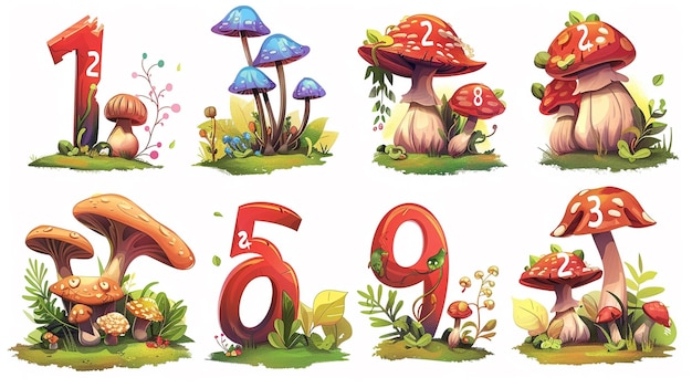 Photo a collection of cartoon characters including mushrooms mushrooms mushrooms mushrooms and mushrooms