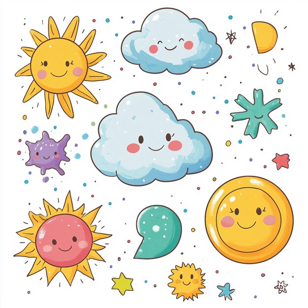 Photo a collection of cartoon characters including a sun a cloud and a moon