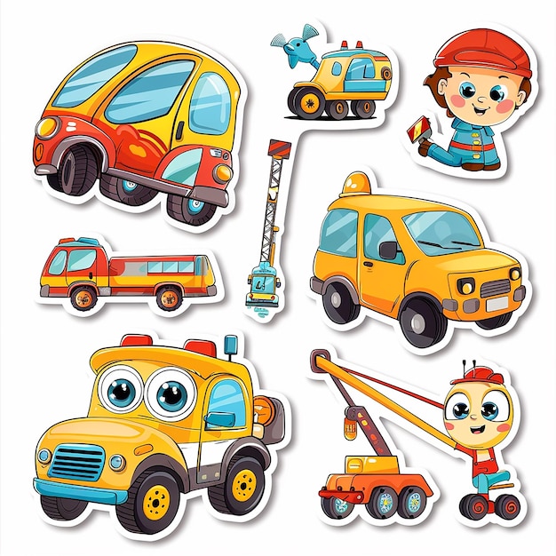 a collection of cartoon childrens toys including a fireman and a fire extinguisher