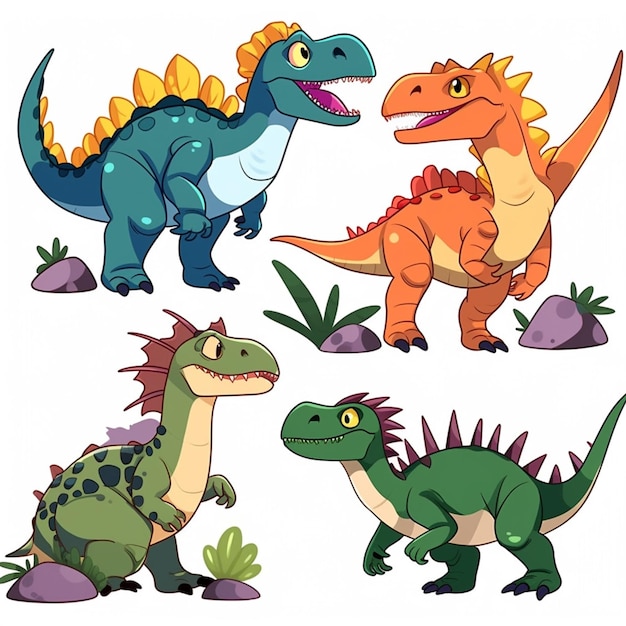 A collection of cartoon dinosaurs with different colors and the words'dinosaurs'on the front.