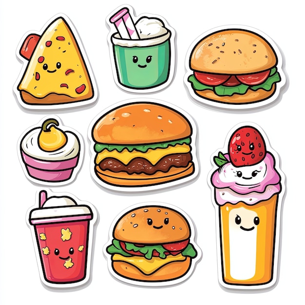 A collection of cartoon food items including a hamburger a cupcake a pizza