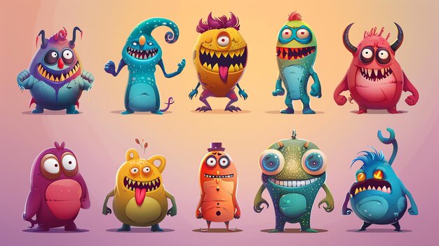 Photo a collection of cartoon monsters of different colors and expressions