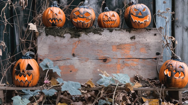 A collection of carved pumpkins with Halloween faces arranged on a wooden structure amidst dried leaves and vines